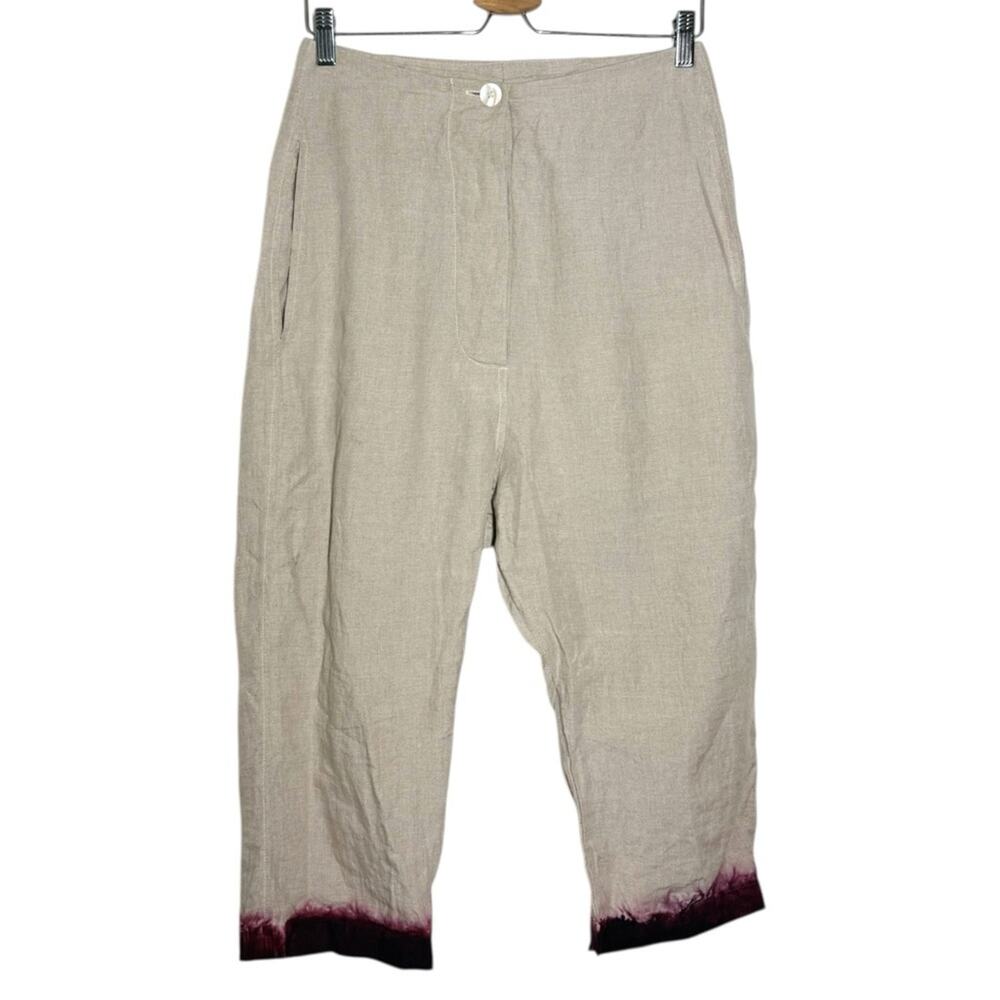 Gilda Midani Beige Linen Cropped Burgundy Bordeaux Dye Dip Tailor Pants - XS